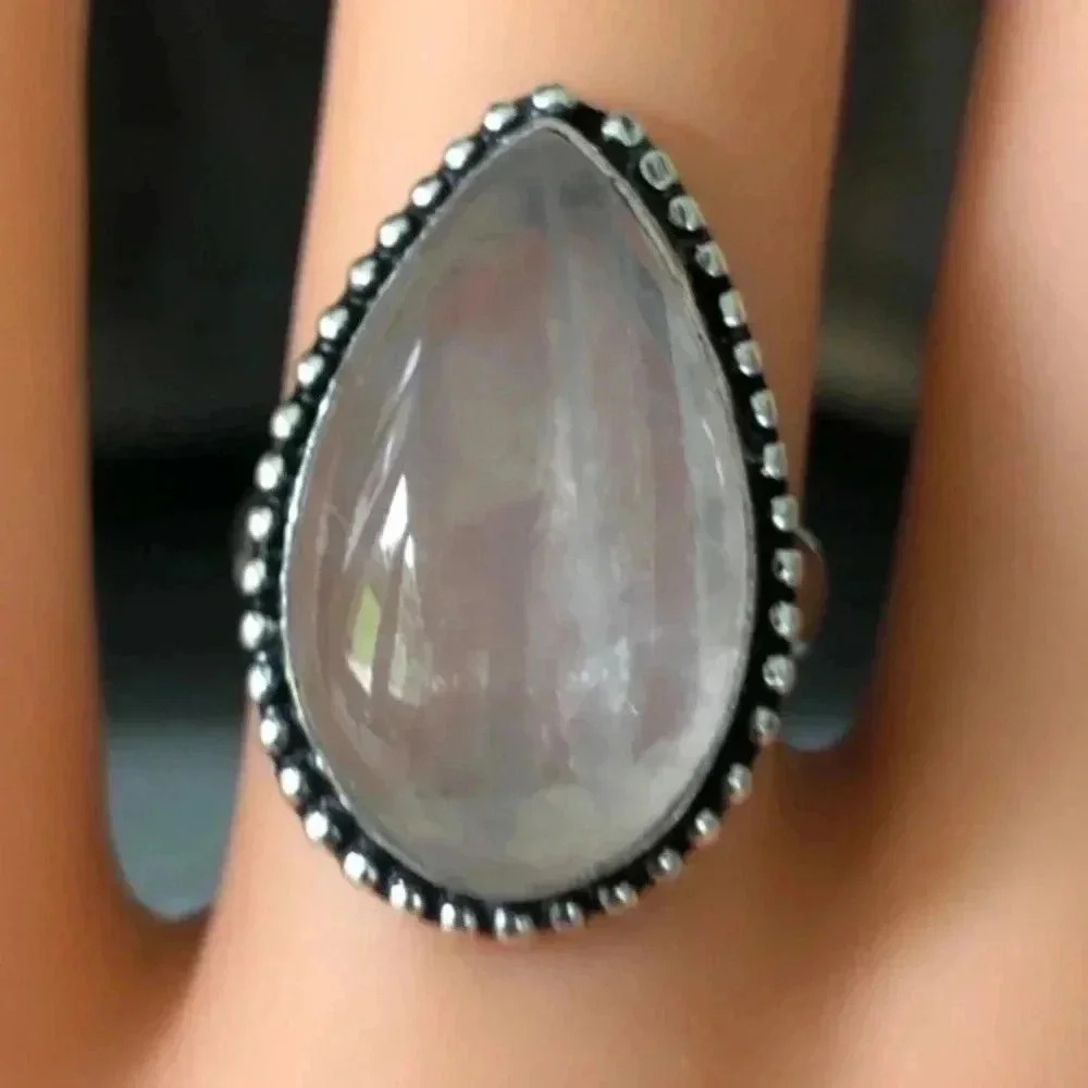 SIZE 7.5 Authentic Rose Quartz Teardrop 925 Sterling Silver Ring NWT